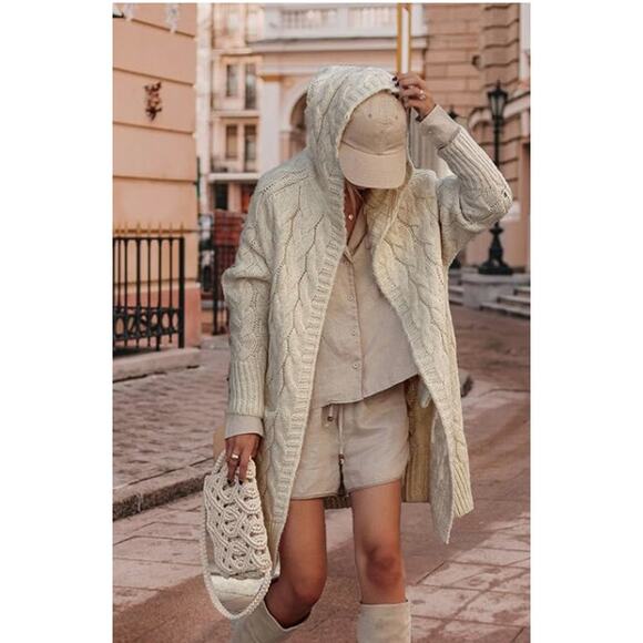 Hooded Long Cardigan Cable Knit Sweater Pocket Oversized Chunky SIZE SMALL - Picture 2 of 6